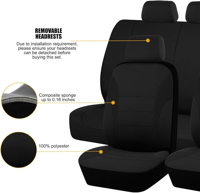 Car Seat Cover Full Set, Fashion Soft Sponge Vehicle Front and Rear Split Bench with Removable Headrest Cover, Breathable Auto Seat Protector, Universal for Truck SUV Sedan (Black)