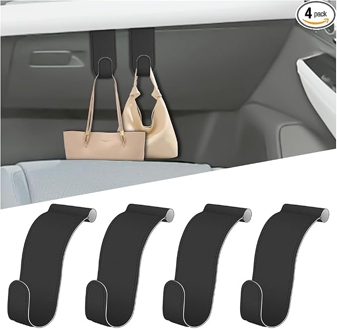 Bittwee 4PCS Car Glove Box Hooks Passenger Storage Hangers Black | Microfiber leather, snap-in install, hangs bags umbrellas, fits most cars SUVs and trucks, car interior accessories
