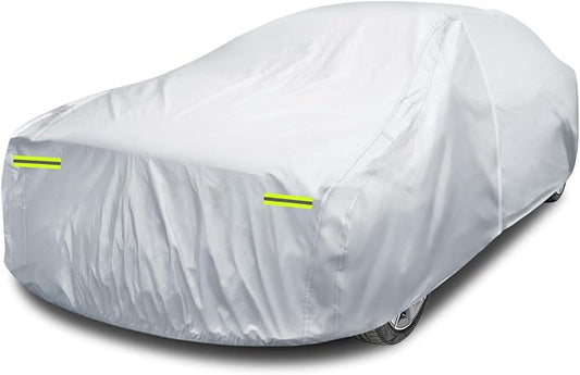 6 Layers Car Cover Waterproof All Weather for Automobiles, Size A4 Universal Fit for Dodge Charger, Lincoln Mkz, Rain Sun Hail Protection with Door Zipper (199-208 inch), Silver