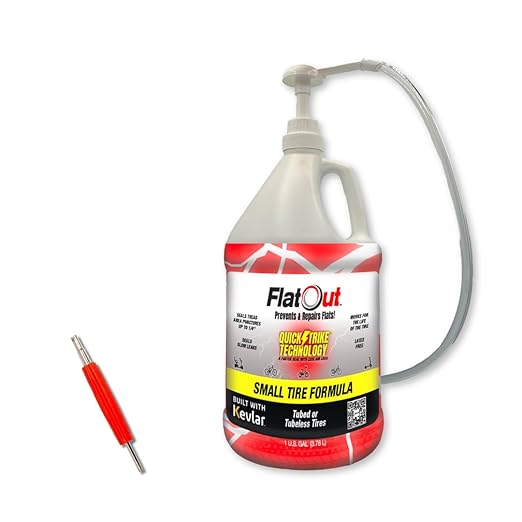 QuickStrike Tire Sealant - Small Tire/Bicycle Formula - NEW Formula - Prevents Flat Tires - Seals Leaks - Contains Kevlar - Tubeless Tire Sealant - 1 Gallon + Tool