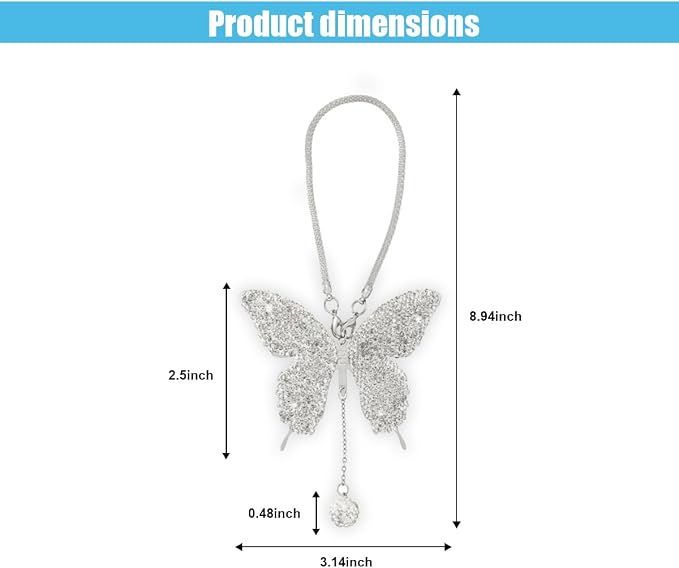JOYCOURT Bling Butterfly Diamond Car Hanging Accessories for Women, White | Crystal Butterfly Rear View Mirror Luck Car Decoration Accessories, Valentine's Day Presents Ornament Pendant for All Cars