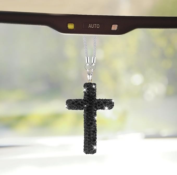 ZIMISI Bling Cross Car Hanging Ornament, Crystal Rhinestone Car Rearview Mirror Pendant for Women, Diamond Rear View Mirror Charm Present, Universal Vehicle Interior Decoration Accessory (Black)