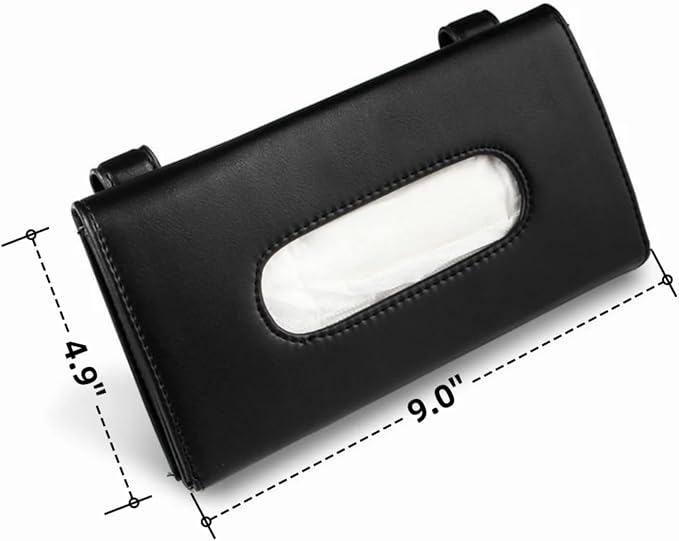 Visor Tissue Box Holder - PU Leather Van Truck Vehicle Car Tissues Case Dispenser for Backseat and Sun Visor, Refill Paper Included (Black)
