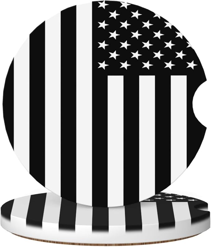 Black White American Flag Absorbent Ceramic Car Coasters 2 Pack Round Insert Cupholder Coaster Car Cup Holder Mat with Finger Notch Anti-Slip Cork Base Reusable Drink Coasters 2.56 in