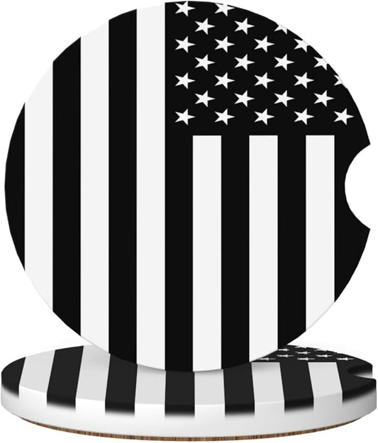 Black White American Flag Absorbent Ceramic Car Coasters 2 Pack Round Insert Cupholder Coaster Car Cup Holder Mat with Finger Notch Anti-Slip Cork Base Reusable Drink Coasters 2.56 in