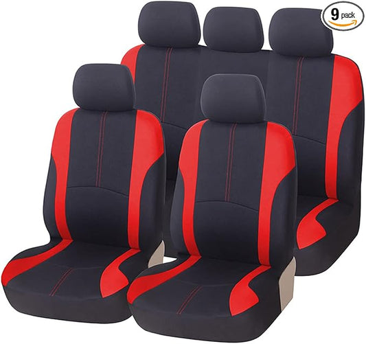 AICEL 9PCS Car Seat Covers Full Set Mesh Fabric Auto Seat Protectors Red | Padded foam laminate, removable headrest design, washable fabric, snap fastening, universal fit, automotive accessories