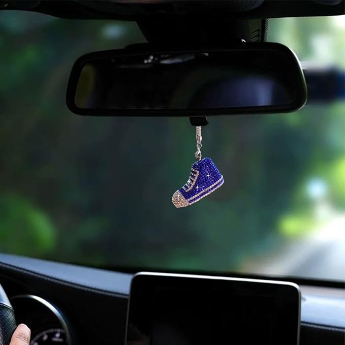 Bling Sneaker Shoe Sparkly Car Hanging Ornament, Cute Crystal Rear View Mirror Pendant, Diamond Rearview Mirror Charms, Lucky Car Interior Decor Accessories (Blue)