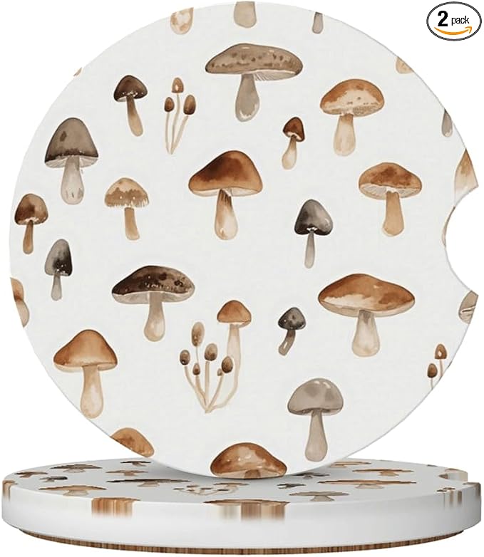 Ceramic Car Cup Coasters 2PCS - Tasty Mushroom | with Cork Back & Finger Slot, Anti-Slip Shock Absorbing, Universal Car Interior Accessories for Men Women