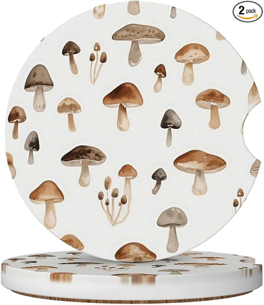 Ceramic Car Cup Coasters 2PCS - Tasty Mushroom | with Cork Back & Finger Slot, Anti-Slip Shock Absorbing, Universal Car Interior Accessories for Men Women
