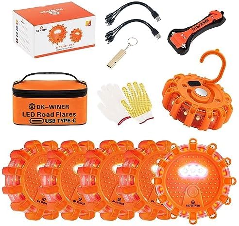 6 LED USB-C Rechargeable Road Flares Deluxe Kit High Visibility Emergency Beacon Lights with Escape Hammer and All Survival Gear