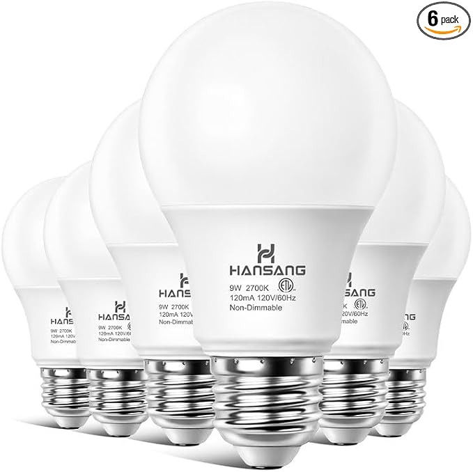 A19 LED Light Bulbs, 60W Equivalent, 2700K Soft Warm White LED Bulb with E26 Standard Base, Efficient 9W, Non-Dimmable, 800 Lumens, 120V, CRI 85, Eye-Friendly for Bedroom Living Room, 6 Pack