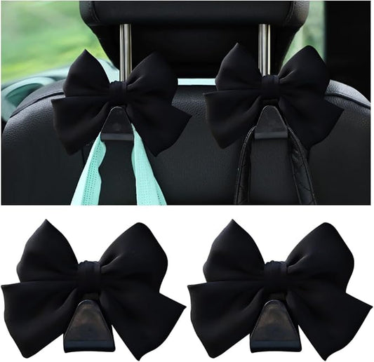 Mandark 2PCS Car Seat Headrest Hooks, Cute Bow Vehicle Hooks for Purses and Bags, Automotive Purse Hook Hanger Interior Decoration Accessories, Universal for SUV, Sedan, Truck (Black Line)
