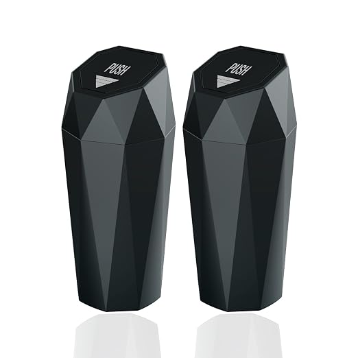 Car Trash Can with Lid，Mini Diamond Design Automatic Portable Trash Can，Small Trash Bin for Automotive Office Home Kitchen (2, Black)