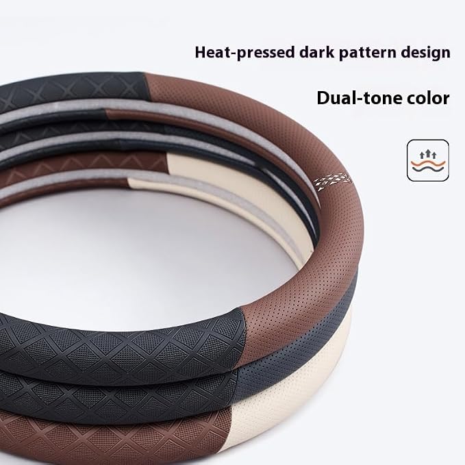 Ultra-Thin Napa Leather Steering Wheel Cover, 15 Inch | Universal fit for most cars and SUVs; two-tone breathable non-bulky cover with 3D anti-slip diamond grip