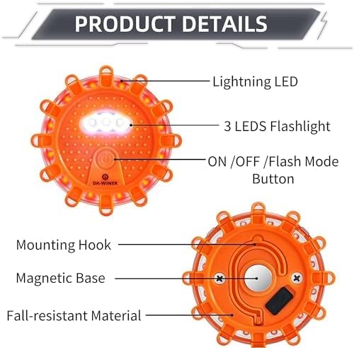 6 LED USB-C Rechargeable Road Flares Deluxe Kit High Visibility Emergency Beacon Lights with Escape Hammer and All Survival Gear