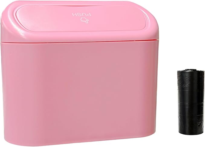 Car Trash Can Bin with Lid, Mini Portable Auto Garbage Can with 15Pcs Trash Bags, Waterproof Leakproof Small Garbage Organizer, Car Dustbin for Vehicle, Home, Office (Pink)