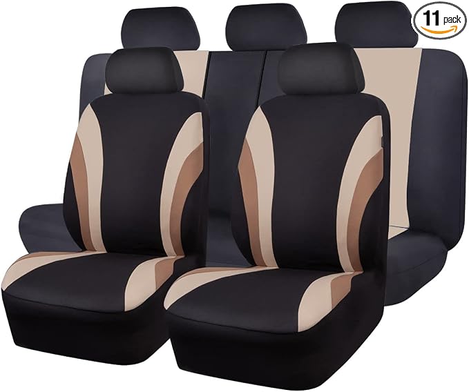 CAR PASS Line Rider Sporty Cloth 11PCS Universal Fit Car Seat Cover -100% Breathable with 5mm Composite Sponge Inside,Airbag Compatible,3zipper Bench(Full Set, Black and Beige)