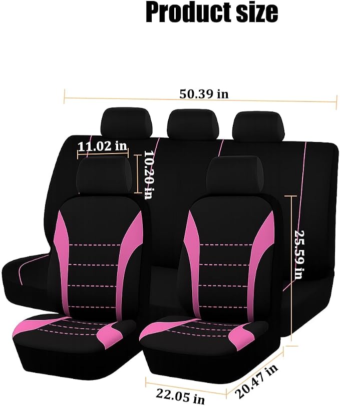 Car Seat Cover Full Set, Fashion Soft Sponge Vehicle Front and Rear Split Bench with Removable Headrest Cover, Breathable Auto Seat Protector, Universal for Truck SUV Sedan (Pink/Black)