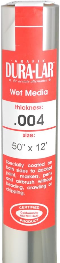 Grafix Dura-Lar 0.004" Film, Ultra Clear Wet Media 50" x12', Plastic Film Coated to Accept Water Based Mediums. Perfect for Watercolor, Painting Composition, as a Painting Surface, Roll