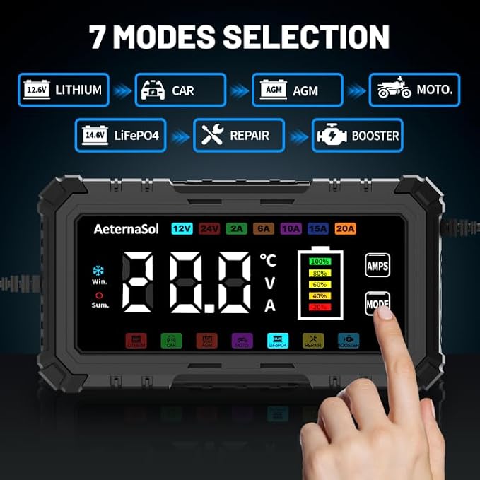 20A Smart Car Battery Charger, 12V/24V Battery Charger, Automatic Battery Maintainer Desulfator Compatible with LiFePO4, AGM, Gel, Lead-Acid, Trickle Charger for Truck, Motorcycle, RV, Boat (Black)