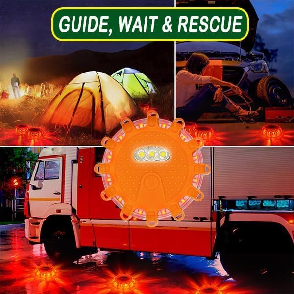 HEIGPAN GP904 LED Road Flares 4 Pack, Battery Powered Safety Warning Lights with Magnetic Base & Hook, 9 Flashing Modes for Roadside Emergency Car Truck Boat (Batteries NOT Included)