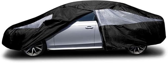 Titan Jet Black Poly 210T Car Cover for Compact Sedans 176-185". Waterproof, UV Protection, Scratch Resistant, Driver-Side Zippered Opening. Fits Corolla, Sentra, Cruz and More.