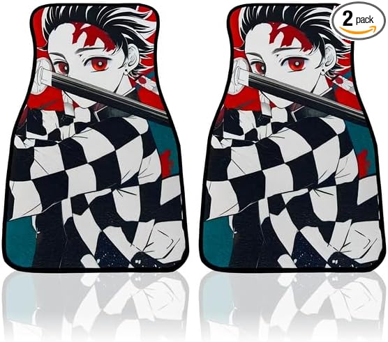 Anime Car Carpet Mat Set of 2 Front, Black Tnjro Design Automotive Accessories Interior All Weather Floor Mats Decor with Non Slip Black Anti Skid Backing