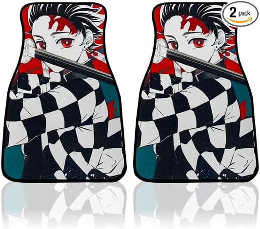 Anime Car Carpet Mat Set of 2 Front, Black Tnjro Design Automotive Accessories Interior All Weather Floor Mats Decor with Non Slip Black Anti Skid Backing