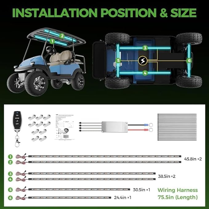 10L0L Golf Cart Underglow Light Kit with Canopy Lights, IP67 Waterproof, 24 Dream Color Modes Wireless Remote Music Sync, 12V-80V Wide Voltage Fit for Yamaha EZGO Club Car
