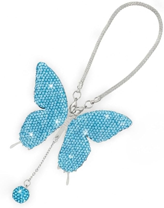 JOYCOURT Bling Butterfly Diamond Car Hanging Accessories for Women, Blue | Crystal Butterfly Rear View Mirror Luck Car Decoration Accessories, Valentine's Day Presents Ornament Pendant for All Cars