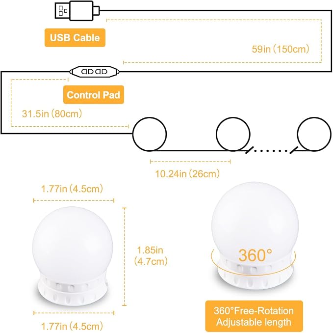 LED Vanity Lights for Mirror, High Brightness LED Chip, Hollywood Style Vanity Light with 12 Dimmable Bulbs, Adjustable Color & Brightness, USB Cable, Mirror lights for Makeup, lighting and Decoration