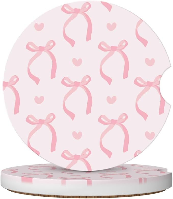 Cute Pink Bow Car Coasters for Cup Holders,2 Pack Car Cup Holder Coasters for Car,Ceramic Absorbent Car Coaster with A Finger Notch and Cork Base,Car Interior Accessories for Women Men