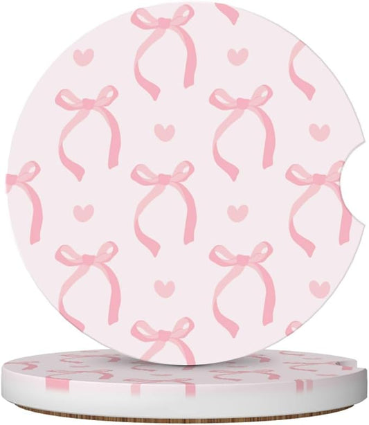 Cute Pink Bow Car Coasters for Cup Holders,2 Pack Car Cup Holder Coasters for Car,Ceramic Absorbent Car Coaster with A Finger Notch and Cork Base,Car Interior Accessories for Women Men
