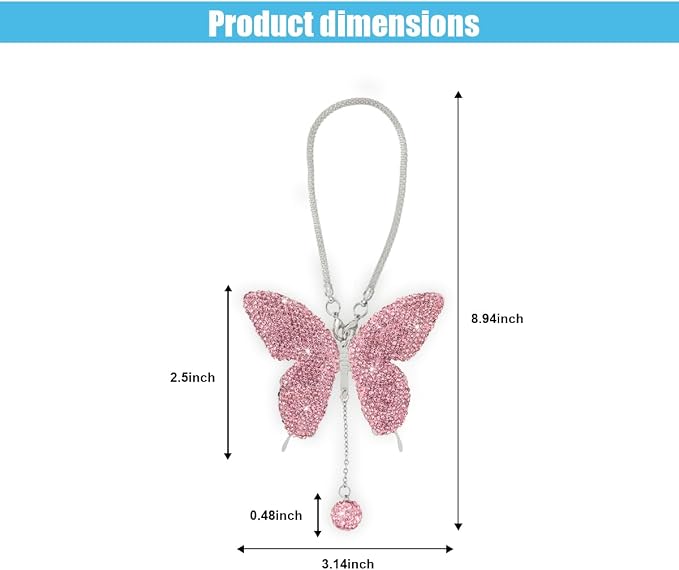 JOYCOURT Bling Butterfly Diamond Car Hanging Accessories for Women, Pink | Crystal Butterfly Rear View Mirror Luck Car Decoration Accessories, Valentine's Day Presents Ornament Pendant for All Cars