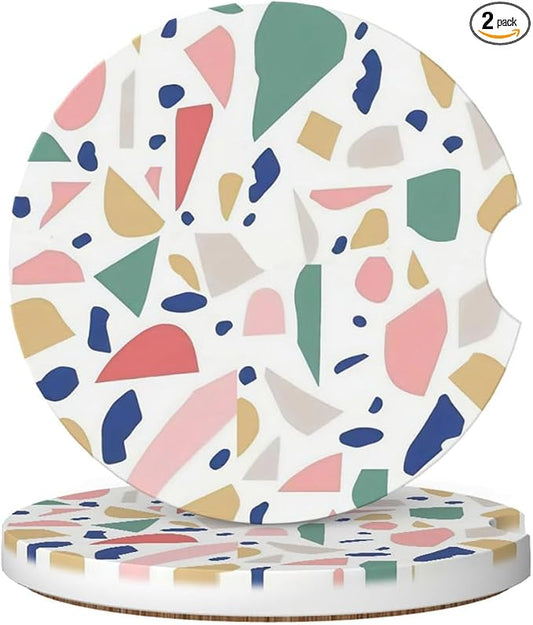 Ceramic Car Cup Coasters 2PCS - Colored Marble | with Cork Back & Finger Slot, Anti-Slip Shock Absorbing, Universal Car Interior Accessories for Men Women