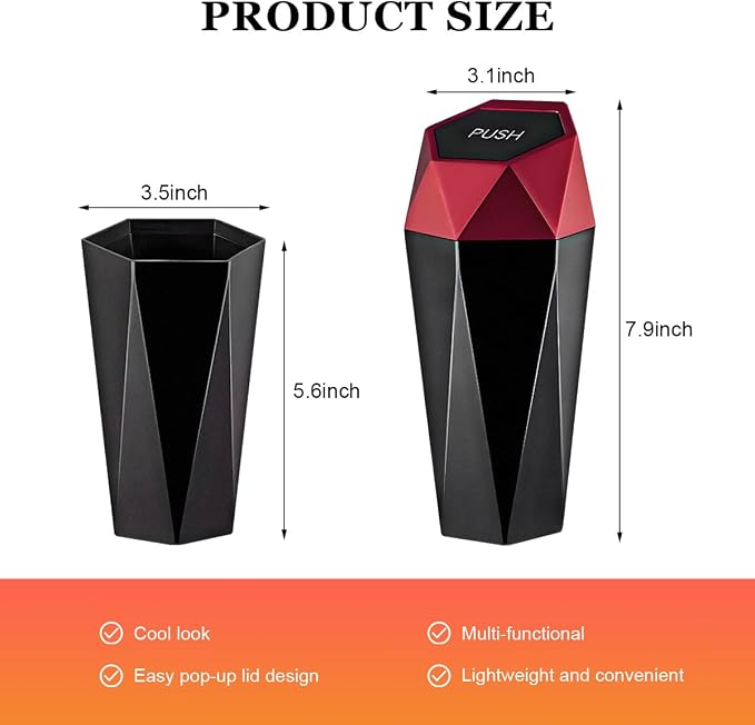 Car Trash Can with Lid, Diamond Design Leakproof Vehicle Cup Holder Garbage Can, Waterproof Trash Bin Mini Portable Garbage Organizer for Cars Homes Offices Bedrooms (Red)