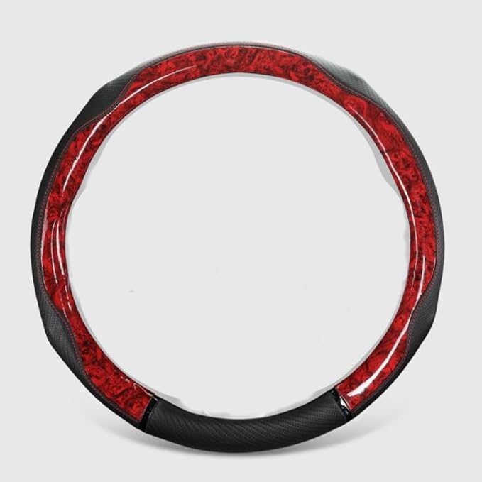 Peach Wood Grain Steering Wheel Cover Anti-Slip Breathable Durable Leather Four Seasons Universal 15 Inch Car Wrap Cover (Red)