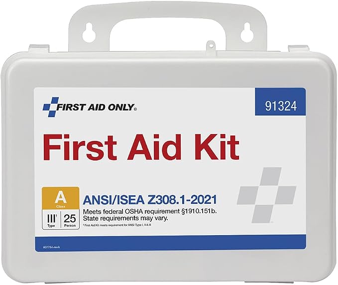 First Aid Only 91324 ANSI A 2021 and OSHA Compliant First Aid Kit, 25-Person Emergency First Aid Kit for Business, Home, Car, and Worksites, 94 Pieces