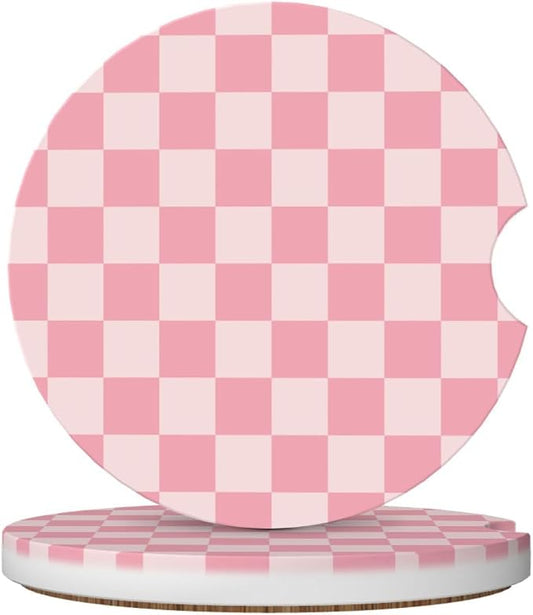 Pink Checkered Car Coasters for Cup Holders,2 Pack Car Cup Holder Coasters for Car,Ceramic Absorbent Car Coaster with A Finger Notch and Cork Base,Car Interior Accessories for Women Men