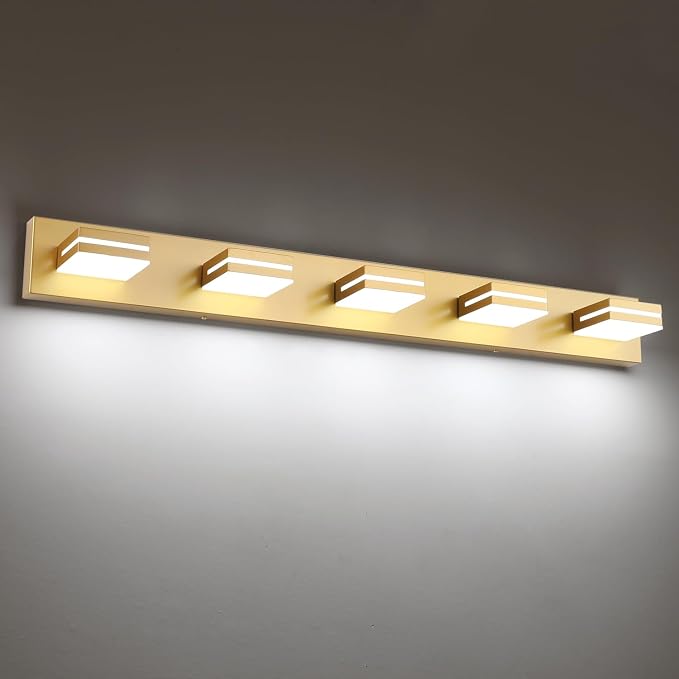 SineRise LED Modern Bathroom Vanity Light Fixtures (5-Light, 40-Inch), Matte Gold Modern Acrylic Bathroom Wall Lighting Fixtures Over Mirror (Cool White 6000K)