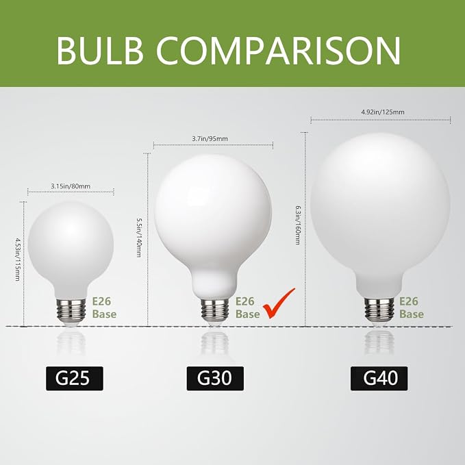 2 Pack G30(G95) Globe LED Light Bulbs, 5.5W Dimmable 50 Watt Equivalent LED Edison Bulbs, Warm White 2700K, 500LM, E26 Base, Milky LED Filament Bulbs for Vanity Bathroom Bedroom