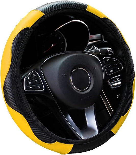 Ultra Fine Carbon Fiber Leather Steering Wheel Cover, Anti Slip and Sun Protective Protect The Steering Wheel, Easy to Install,Universal of 14.5"-15" (Yellow)
