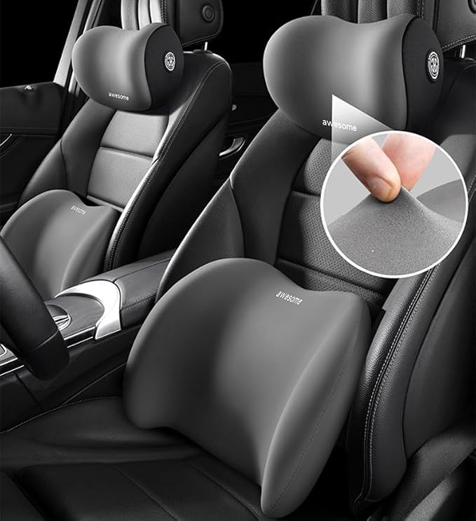 Car Lumbar Support Pillow and Car Neck Pillow Kit, Ergonomic Car Seat Headrest & Lumbar Cushion with Adjustable Strap for Neck Back Pain Relief, for Office Chair/Truck/Wheelchair (Pink)