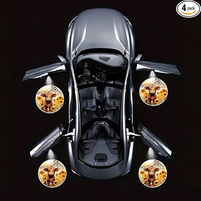 4PCS Car Door Lights,Sunflower Highland Cow Door Lights Logo Projector LED Shadow Welcome Lamp,Car Accessories Sunflower Cow Gifts for Men Women,Suitable for All Vehicles Motorcycle Bike