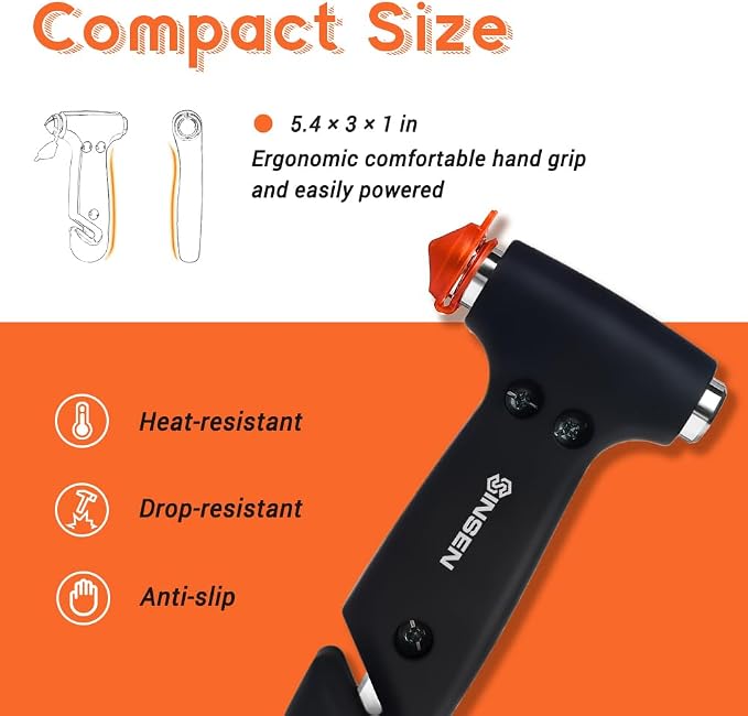 SENSEN Window Breaker Seatbelt Cutter for Car, Emergency Tool to Break Glass, Safety Hammer Escape Kit, 3-in-1, Matte Black
