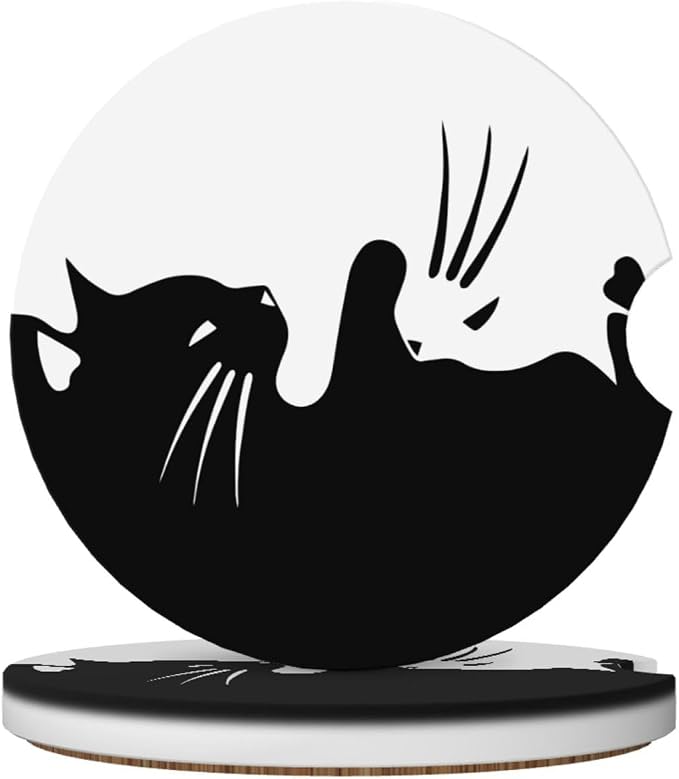 White and Black Cat Car Coasters for Cup Holders,2 Pack Car Cup Holder Coasters for Car,Ceramic Absorbent Car Coaster with A Finger Notch and Cork Base,Car Interior Accessories for Women Men