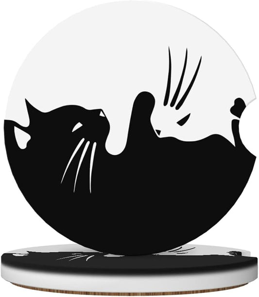 White and Black Cat Car Coasters for Cup Holders,2 Pack Car Cup Holder Coasters for Car,Ceramic Absorbent Car Coaster with A Finger Notch and Cork Base,Car Interior Accessories for Women Men