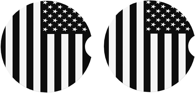 Black White American Flag Absorbent Ceramic Car Coasters 2 Pack Round Insert Cupholder Coaster Car Cup Holder Mat with Finger Notch Anti-Slip Cork Base Reusable Drink Coasters 2.56 in