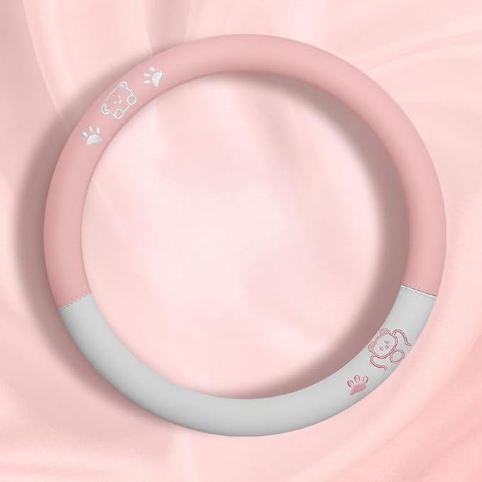 15 Inches Universal Round Leather Car Steering Wheel Cover, Cute Bear Soft Breathable Non-Slip Steering Wheel Protector Wrap (Pink-White)