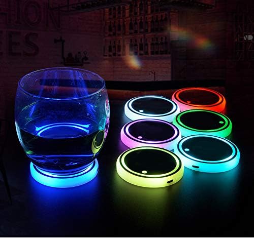 LED Car Cup Holder Lights, 7 Colors Changing USB Charging Coaster Waterproof Cup Pad, LED Interior Atmosphere Lamp Decoration Inside Car Lighting Accessories (2Pcs) (Style 1)